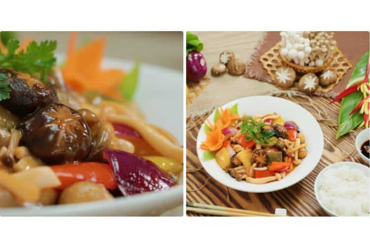 Delicious vegetarian stir-fried mushroom plate with sweet and sour taste