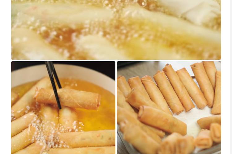 Fry spring rolls in a pan filled with cooking oil and medium heat