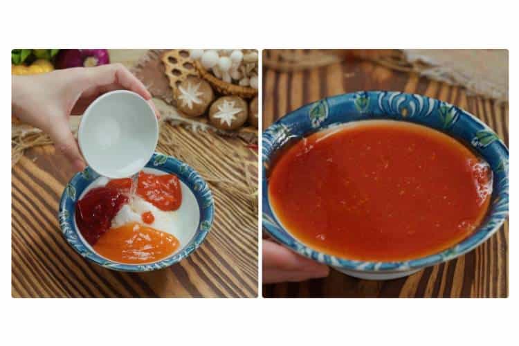 Use chili sauce, ketchup, salt and vegetarian seasoning to make a sauce for vegetarian stir-fried mushrooms