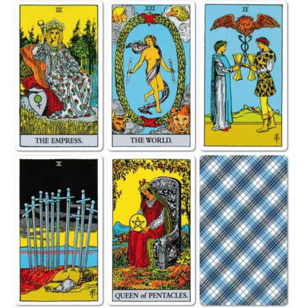 A close-up of several Rider Waite Tarot cards, including The Fool and The Magician